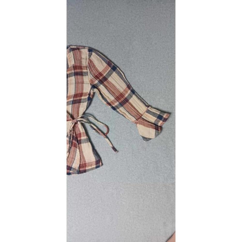 Blue Rain Anthropologie 3/4 Sleeve Wrap Shirt Womens Size XS Brown And Red Plaid - Picture 5 of 11